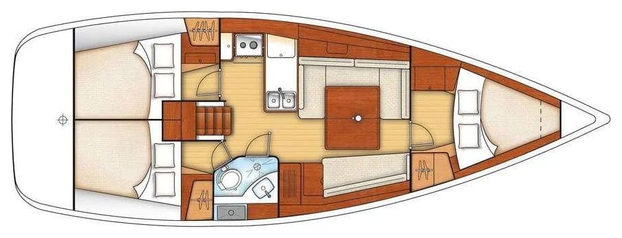 Plan d'aménagement de l'Oceanis 37 à 3 cabines
